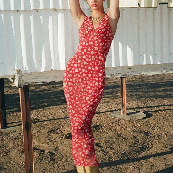 Romantic Floral Maxi Dress | Deep V-Neck Strappy Silhouette | Euro Summer Vacati - Picture 1 of 4